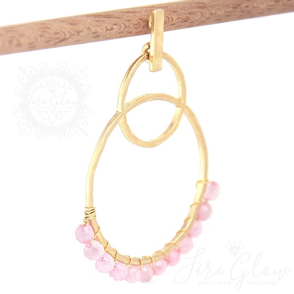 Rose Quartz Bead Gold Tone Tiered Hoop Earrings - Picture 5 of 10